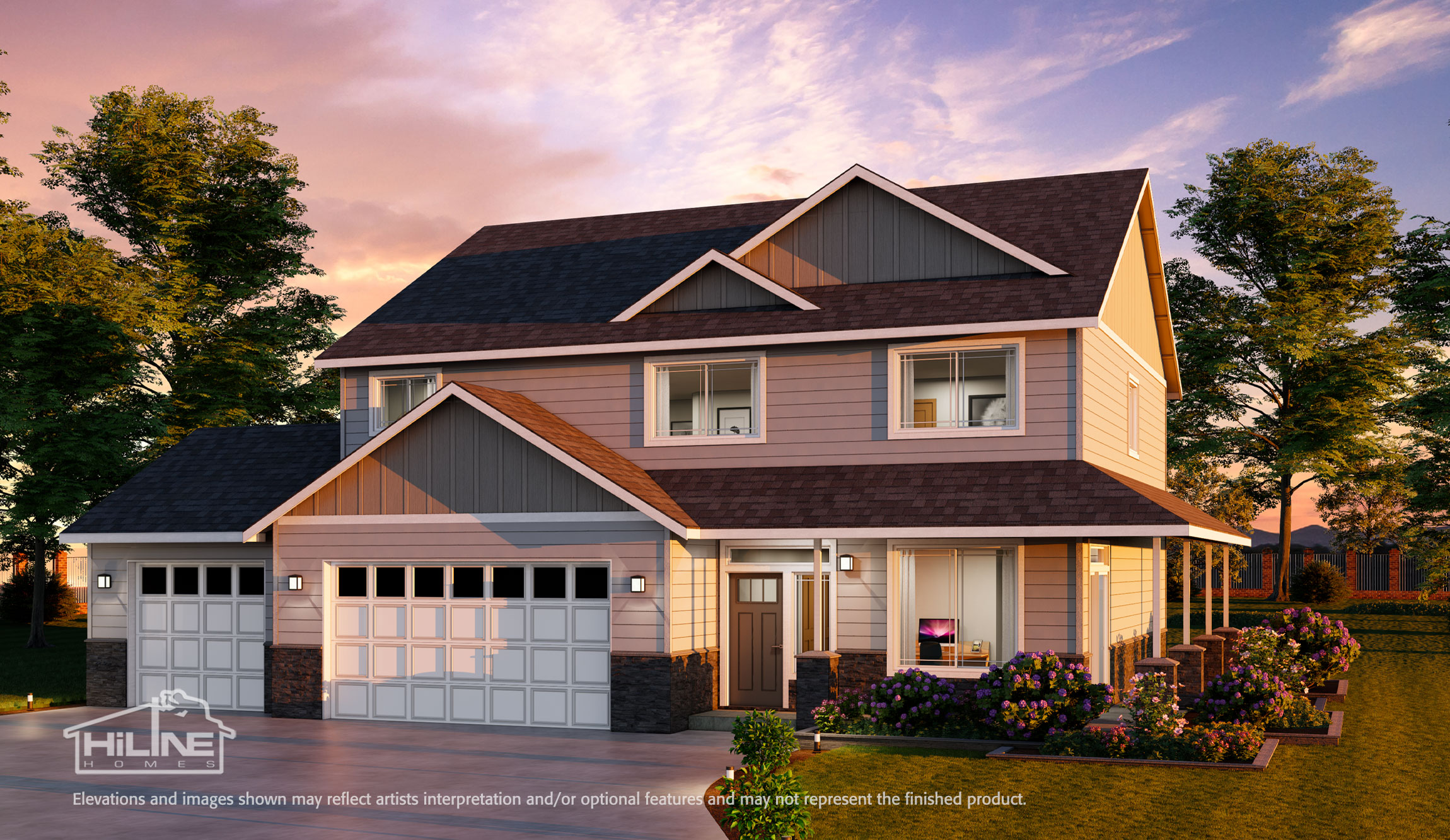 Image of Home Plan 2373 Enhanced Rendering with a third bay garage.