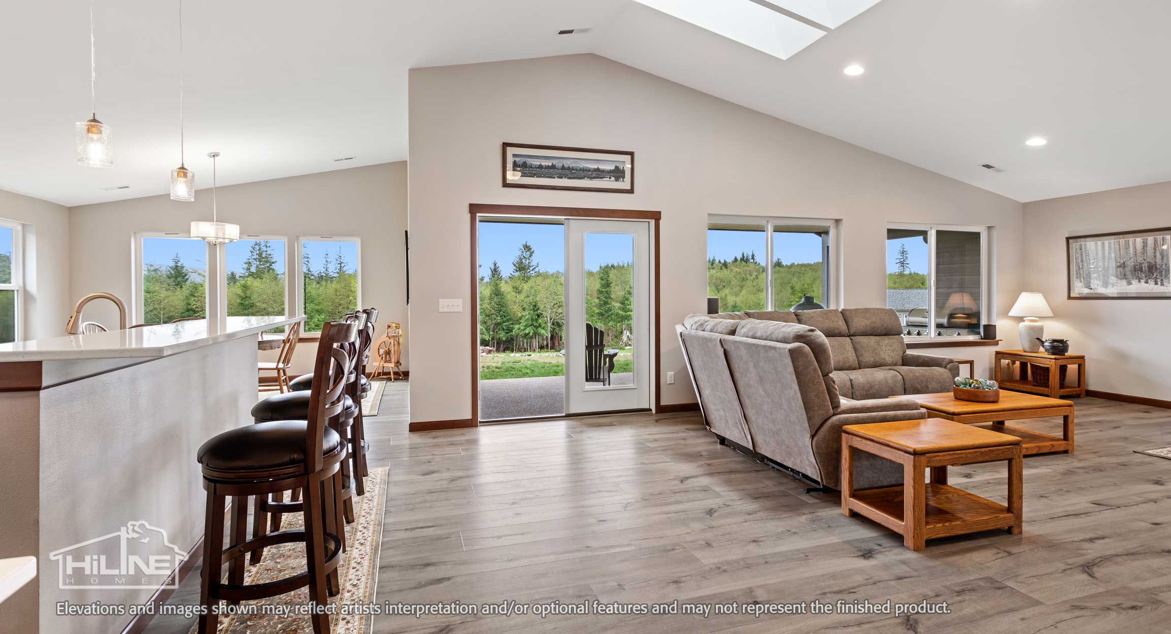 Image of HiLine Homes Plan 2443 Kitchen and Great Room Area with French Doors to Outdoor Living Space.